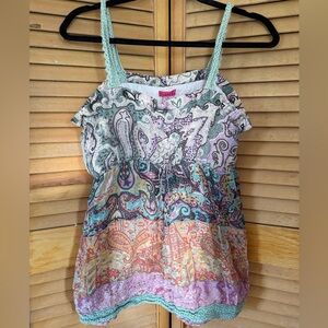 Silk & cotton babydoll style Camisole with crochet straps - Mint, Purple & Multi